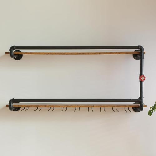 41 Inch Wine Rack Wall Mounted 2 Tier, Hanging Floating Bar Liquor Shelves with Glass Holder Storage Under, Industrial Rustic Pipe Farmhouse Kitchen Decor Black