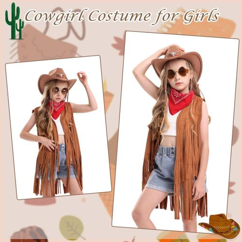 Cowgirl Outfits Costume for Girls 6 Pcs Kids Western Outfit Cowboy Hat Tassel Fringe Vest Earring for Halloween Party
