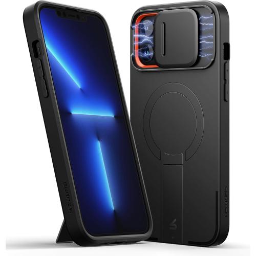 SURITCH for iPhone 13 Pro Max/12 Pro Max Case with Magnetic Camera Slide Cover and Adjustable Kickstand, Compatible with MagSafe, Shockproof Bumper Case Slim Protective Cover 6.7 Inch, Black