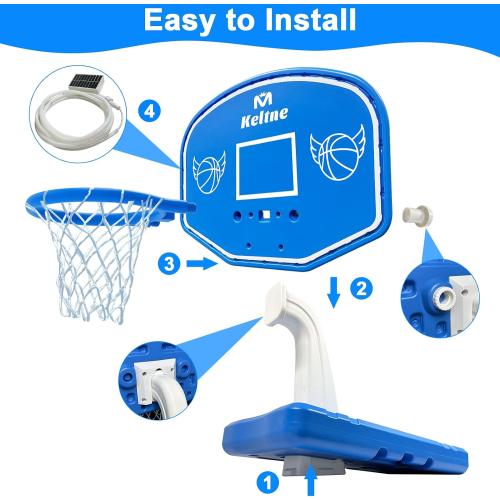 Blue LED Pool Basketball Hoop Poolside, Large Solar Powered Basketball Hoop for Pool, Swimming Pool Basketball Game Toys with Lengthen Sturdy Base for Kids Adults, Includes 2 Balls and Pump