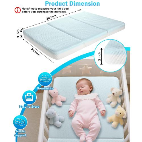 3'' Trifold Crib Mattress,38x26 Inch Trifold Mattress for Playpen and Playard,Portable Travel Memory Foam Mattresses Baby Infant, Odorless Breathable Pack and Play Mattresses Removable Cover