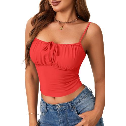 Monteau Women's Ruched Spaghetti Strap Sleeveless Sexy Going Out Crop Top Cami Shirt. Size large