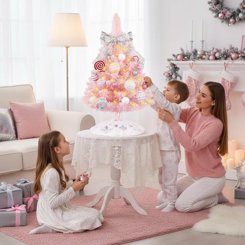 Mini Pink Christmas Tree with Lights, 2ft Artificial Small Table Top Christmas Tree with Bow, Ball Ornaments and White Tree Skirt, 24 Pcs DIY Xmas Decorations for Kids, Toddler Room