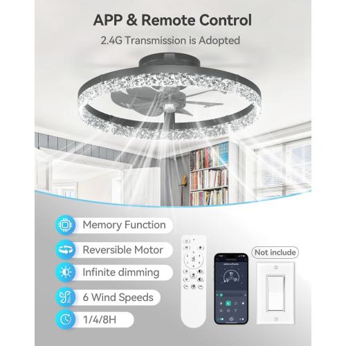 addlon Ceiling Fans with Lights and Remote, 20'' Low Profile Ceiling Fans, 3000-6000K Dimmable Modern Flush Mount LED Fan Light, Fandelier Ceiling Fan for Bedroom, Kitchen, Living Room, Black