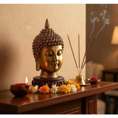 eSplanade Buddha Head Statue for Home Decor | Resin Buddha Face Showpiece for Living Room, Meditation, Office Table Desk, Shelf | Tibetan Buddhist Idol | Zen or Yoga Figurine Gifts | Golden, 9 Inch