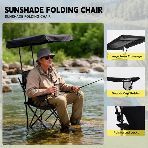 YOUNG WOOD Camping Chair with Canopy, Beach Chair with Shade,Portable,Lightweight Oversized for All, Easy to Open and Close Without Installation, Side Pocket Design for All Outdoor Activities，Black