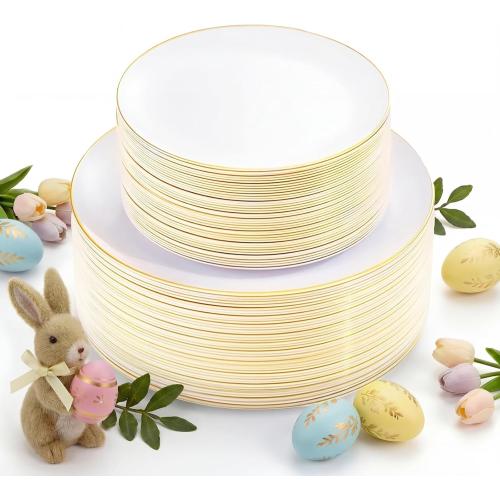 KIRE 100PCS Disposable Plates - White with Gold Rim for Easter/Wedding/Spring Party- Includes 50Pieces 10.25inch Dinner and 50Pieces 7.5inch Dessert/Salad Plates