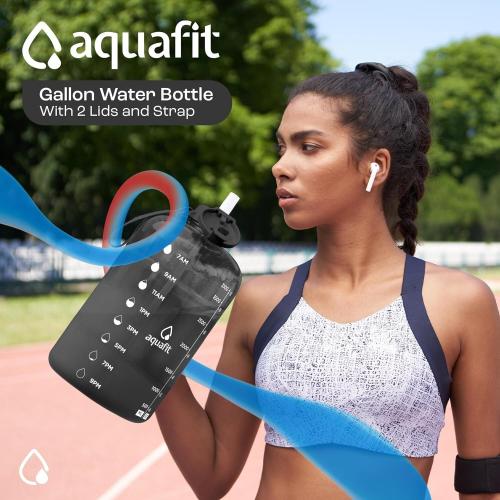 Size 1 gallon Color Grey  AQUAFiT 1 Gallon Water Bottle with Time Marker - Straw & Chug Lid - BPA Free Gym Water Bottle with Straw - Big Gallon Jug (Gray, 128 oz - 2 Lids)
