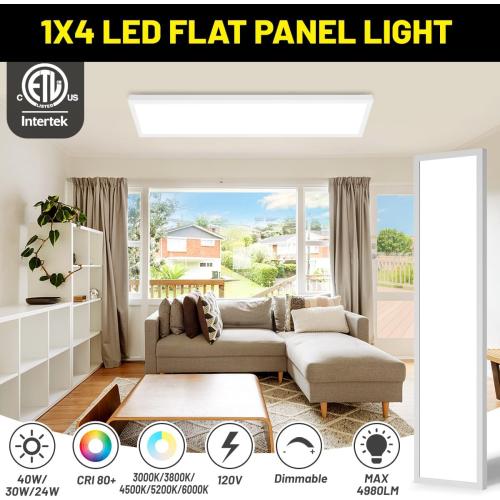 1x4 Led Flat Panel Light Surface Mount 2-Pack, 40W/4980LM, 5CCT 3000K/3800K/4500K/5200K/6000K Selectable, Flush Mount Ceiling Light for Kitchen, Garage, Hallway, Office, ETL