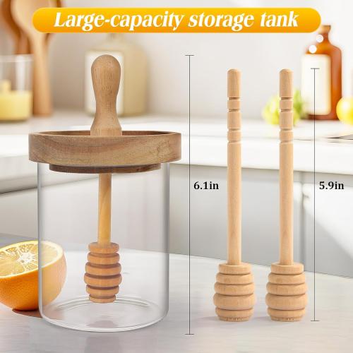 12 Oz Honey Jar with 2 Wooden Dippers and Lid,Honey Pot Dispenser,Clear Glass Honey Container for Home Kitchen,Store Honey and Syrup,Easy to Clean