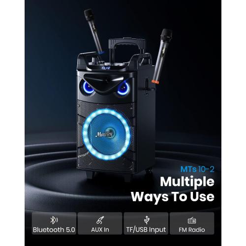 Moukey Karaoke Machine, 10 Woofer Portable PA System, Bluetooth Speaker with 2 Wireless Microphones, Lyrics Display Tablet Holder, Party Lights & Echo/Treble/Bass Adjustment Support REC/AUX/USB/TF