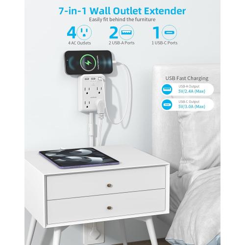 Short Power Strip 2FT - Flat Wall Extension Cord with 4AC Outlet and 3 USB Ports(1 Type C), Multi Plug Outlet Extender Small Surge Protector for Home Office Dorm, White