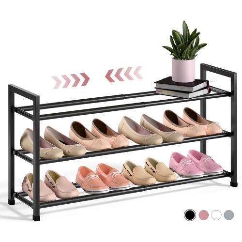 Bumusty 3-Tier Expandable Shoe Rack for Closet, 18“-33” Adjustable Shoe Rack for Small Space, Small Shoe Organizer for Front Door, Sturdy Metal, Black