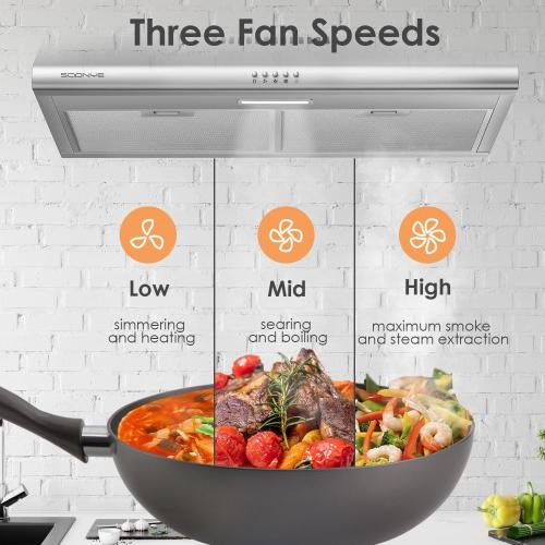 30 inch Stainless Steel Under Cabinet Range Hood, Slim Kitchen Vent Hood Ducted/Ductless Convertible with 3 Speed Controls, 5-Layer Aluminum Filters,LED Lights