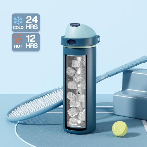 POWCAN 24 oz Insulated Stainless Steel Water Bottle: 2-in-1 Push-Button Spout & Quick-Flip Straw, Leakproof, Cold 24 Hrs, Fits Car Cupholder, Reusable Metal Bottle for Sports, School Gift (Denim Blue)