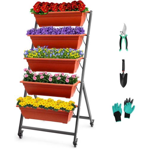 EDOSTORY 4.5 FT Height Vertical Garden Planter Removable Brick Red Raised Bed Box with 5 Container Boxes,Digging Claw Gloves,Trowel,Purning Shears for Outdoor Vegetables Flowers