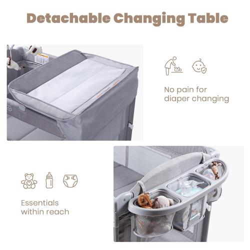 Baby Bassinets Bedside Sleeper, 4 in 1 Portable Bedside Crib w/Mattress, Diaper Changer, Storage Basket, Music Box, Carry Bag, Foldable Playard Sleeper for Newborn (Light Gray)