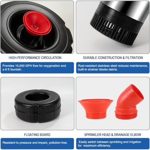 BLACK Pond Fountain Aerator, 1HP 15000 GPH Floating Fountain Pump with Timer & 100FT Cord, Stainless Steel Pond Jet System for Large Outdoor Ponds & Lakes