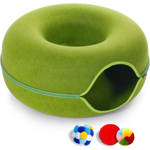Large Cat Tunnel Bed for Indoor Cats with 3 Toys, Scratch Resistant Donut Cat Bed, Up to 30 Lbs (L 24x24x11, Green)