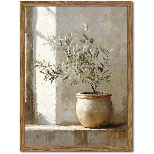 Framed Vintage Olive Tree Wall Art, Textured Sandstone Botanical Pictures Wall Decor, Rustic Neutral Potted Plant Paintings Prints Aesthetic Farmhouse Home Decor for Living Room Bedroom 16x24 inch