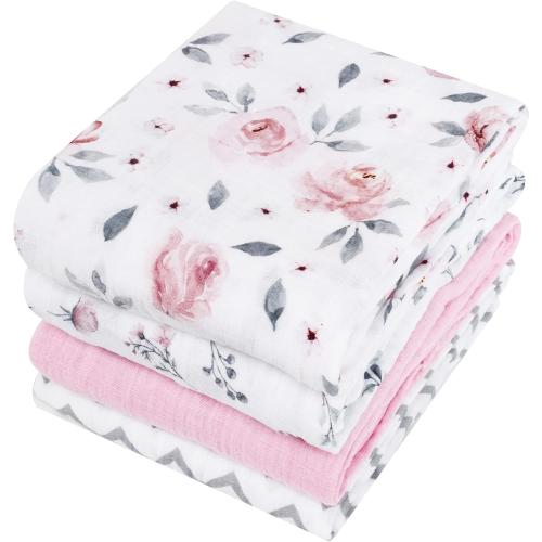 PHF 4 Pack 100% Cotton Baby Muslin Swaddle Blankets, Super Soft Breathable Comfy Baby Swaddle Wrap Set, Receiving Blanket for Infant Baby Girls&Boys, Floral/Flower/Pink/Wave