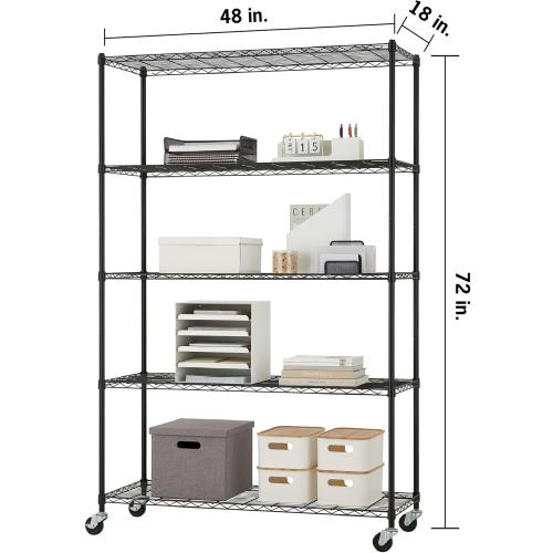 5-Tier Adjustable Wire Shelving with Wheels, Wire Shelf Rack for Kitchen Organization, Garage Storage, 400 to 2000 Pound Capacity, NSF Certified, 48” x 18” x 72”, Black