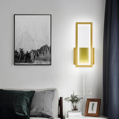 Modern Gold Plug in Wall sconces 18W Indoor LED Simple Wall Fixture 6000K Rectangle Vanity Wall Lights for Living Room Bedroom Hallway Stairs(1Pack)