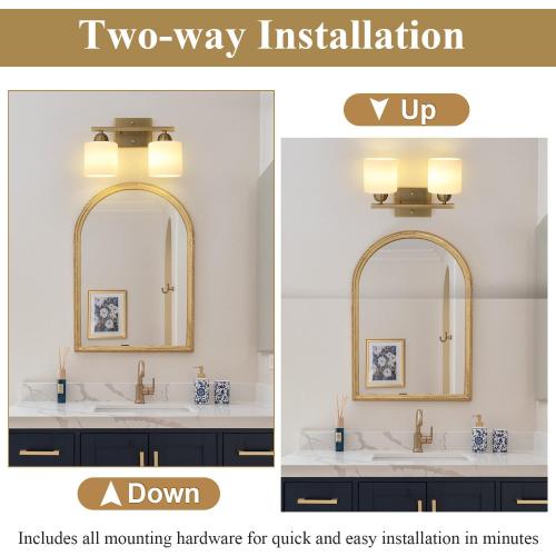 Mecgirn Milk Glass Vanity Lights for Bathroom, 2 Light Antique Matte Brass Bathroom Vanity Light Fixtures Over Mirror, Ceramic E26 Sockets Wall Mounted