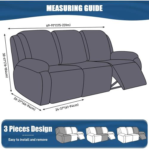 TAOCOCO Recliner Sofa Slipcover, 3 Pieces Polyester Fabric Stretch Sofa Covers for 3 Seat Reclining Couch, Soft Washable Furniture Protector with Pockets (3 Seat, Dark Gray)