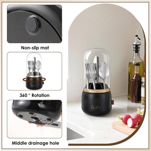 EXIN DECHEN 360° Rotation Silverware Organizer for Kitchen Counter,Utensil Holder Caddy Silverware Caddy Holder for Party,Spoon and Fork Organizer,7 Slots and Intermediate Drainage Device with Cover