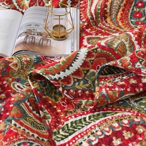 ENASAL Cotton Bedspread Quilt Sets, Reversible Bedding Coverlet Sets Comforter, Floral Paisley Bedspread (Red, King Size)