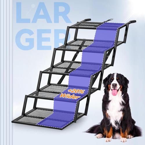 Color Black Pawaboo Extra Wide Dog Stairs for Car, Foldable Dog Ramps for Car with Non Slip Surface & Reflective Tape, Heavy Duty Dogs Steps for Cars, SUV, Truck, 300lbs Capacity, 14-35 Adjustable Height