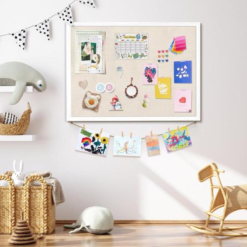 Emfogo Large Bulletin Board 23x18inch with Linen Rope Cork Boards Wall Decor Picture Framed Display Board Hanging Pin Board Vision Board Bulletin Cork Board for School Office Room Home Vintage White