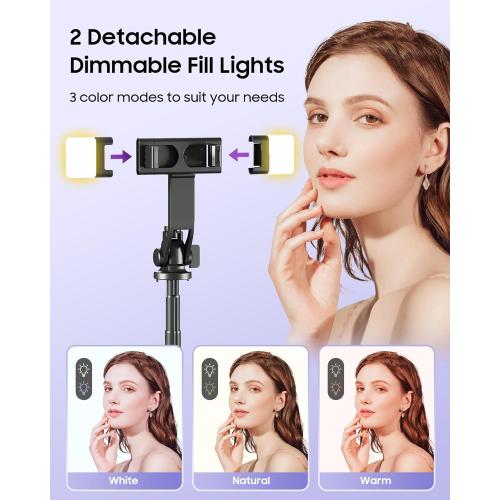 53'' Selfie Stick Tripod with Light, Enhanced 4-Leg Cell Phone Stand Camera Tripod with Rechargeable Wireless Remote & 2 Fill Light, Portable Selfie Stick Travel Essentials for iPhone Android
