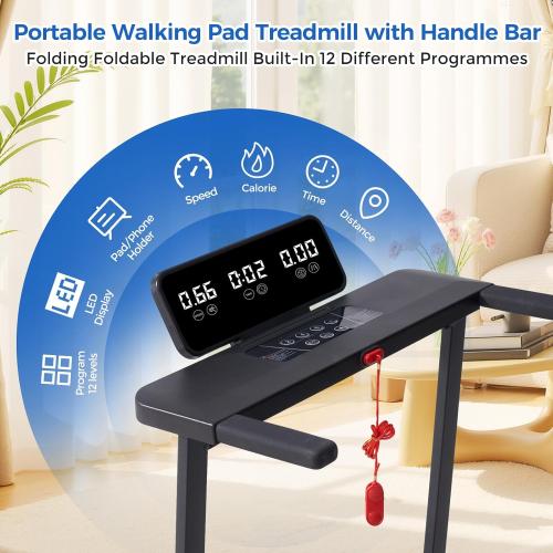 Walking Pad Treadmill with Handle Bar, Compact Portable Treadmills for Home Small, Electric Walking Pads with Handles, 3.5HP Quiet Motor and LED Display, 400 LBS Capacity