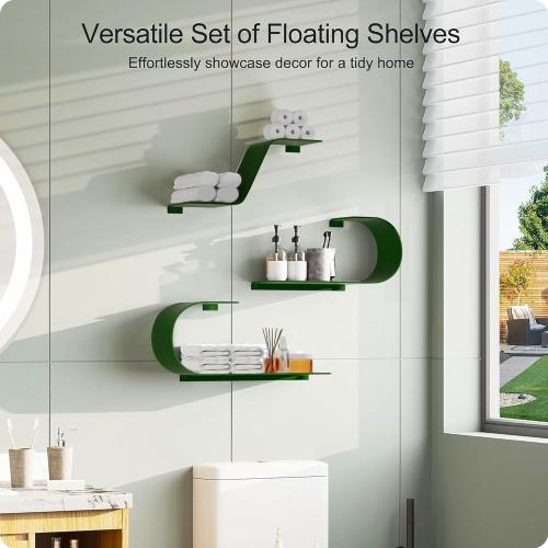 Green Floating Shelves Set of 3, Green Metal Decor, Unique Mounted Floating Shelf, Modern Long Wall Shelf, Large Wall Shelves for Bedroom, Bathroom, Living Room