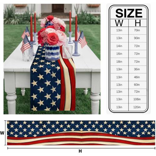Rustic American Flag Table Runner Independence Day July 4th Table Runners Non-Slip Rectangle Table Cloth for Kitchen Decor USA Flag Patriotic Star Dinner Runner for Party Decoration 13x120 inches