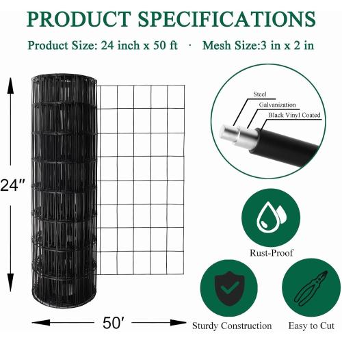 Black PVC Coated Welded Wire Fence 24 Inch x 50 Foot, 2 Inch x 3 Inch 16GA, Garden Border Fencing Roll Vinyl Coating Metal Wire Mesh for Yard Vegetable Plant Protection Poultry Netting