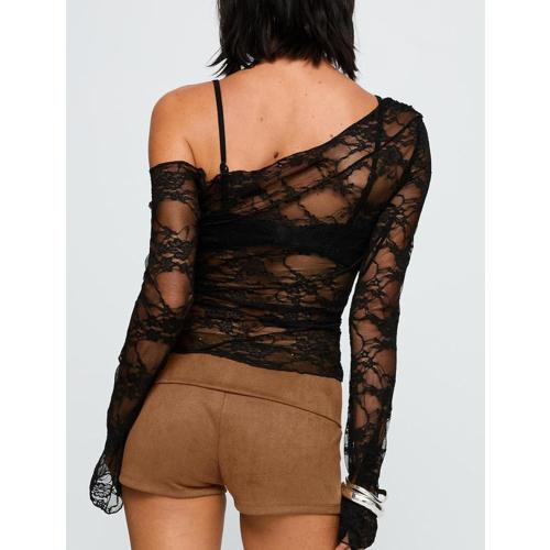 Womens Off The Shoulder Tops Lace Mesh Long Sleeve size M