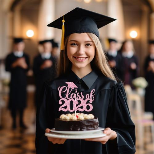 Black Glitter Class of 2026 Cake Topper, Congrats Grad 2026/Congrats Class of 2026/Congratulations, 2026 Graduation Party Decorations Supplies (2026, Pink)