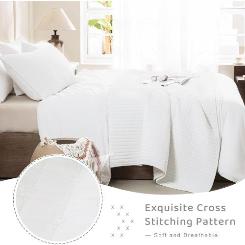 Sanracie Stonewashed Oversized King Bedspread(118x106), Cotton Milk White California King Quilt Coverlet Cross Stitch Ultra Soft Lightweight 3Pcs Crinkle Bed Coverlet Set for All Season