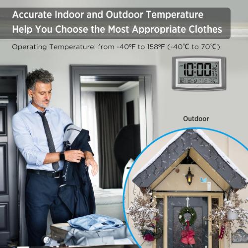 WallarGe Atomic Clock with Outdoor and Indoor Temperature - 12.5 Inch Self-Setting Digital Clock Large Display, Battery Operated Wall Clocks or Desk Clocks for Bedroom, Livingroom, Office