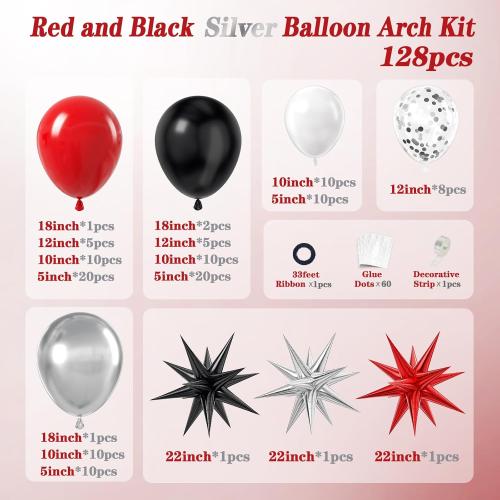 Red White and Black Balloon Garland Arch Kit, Red and Black Party Decorations with white Silver Balloons Confetti Latex Balloons for Graduation Decorations Prom Anniversary Birthday Party Decoration