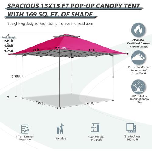 EAGLE PEAK 13x13 Straight Leg Pop Up Canopy Tent Instant Outdoor Canopy Easy Single Person Set up Folding Shelter w/Auto Extending Eaves 169 Square Feet of Shade (Deep Pink)