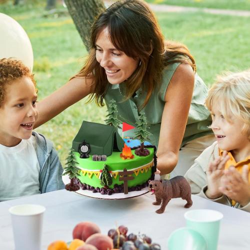 Hooqict Camping Cake Decorations with Mini Tent, Campfire, Tree, Camp Sign, Animal Camping Cake Toppers & Cupcake Toppers for Forest Camp Themed Birthday Party Decorations Supplies
