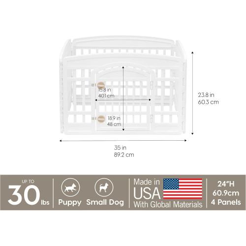IRIS USA 24 4-Panel Dog Playpen with Door, 35 x 35 x 24, Puppy Playpen, Dog Play Pen Indoors, Pet Fence, Puppies/Small Dogs, White