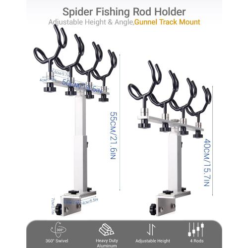 Crappie Rod Holder System for Boat Track Mount, 4-Rod Adjustable Spider Rig Holder, Marine Aluminum & Stainless Steel, Fits Most Standard Track Systems
