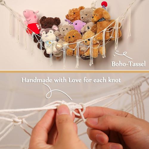 YKBU Stuffed Animals Hammock Corner Hanging Net Macrame Stuffed Animal Storage Plush Toy Holder Toy Organizer for Boho Nursery Playroom Bedroom Kids Room (cream, M)