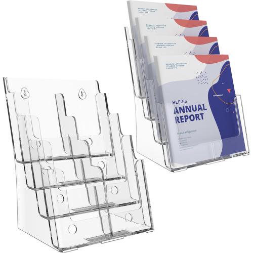 Brochure Holder 8.5x11 Inch 4 Tier with Removable Divider for 4x9 inch Clear Acrylic Pamphlet Display Stand Holder Countertop Use or Wall Mount for Office, Lobby, Hotel, Trade Show, 2 Pack