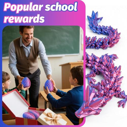 3D Printed Dragon Easter Basket Stuffers - Red Blue - 12 Flexible Crystal Dragon with Egg, Unique Easter Toy Gift for Kids&Adults, Fidgets, Desk Pet Figure